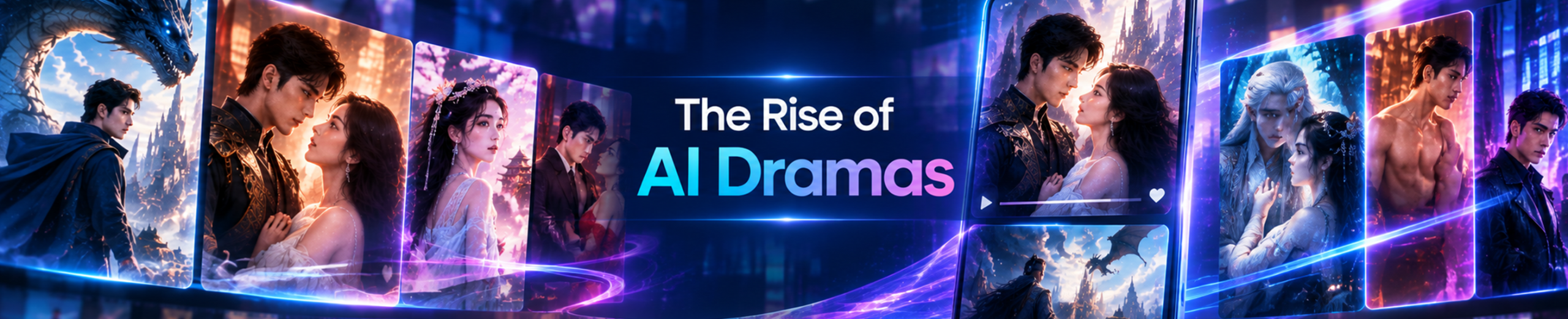 The rise of AI dramas shown through futuristic digital story panels