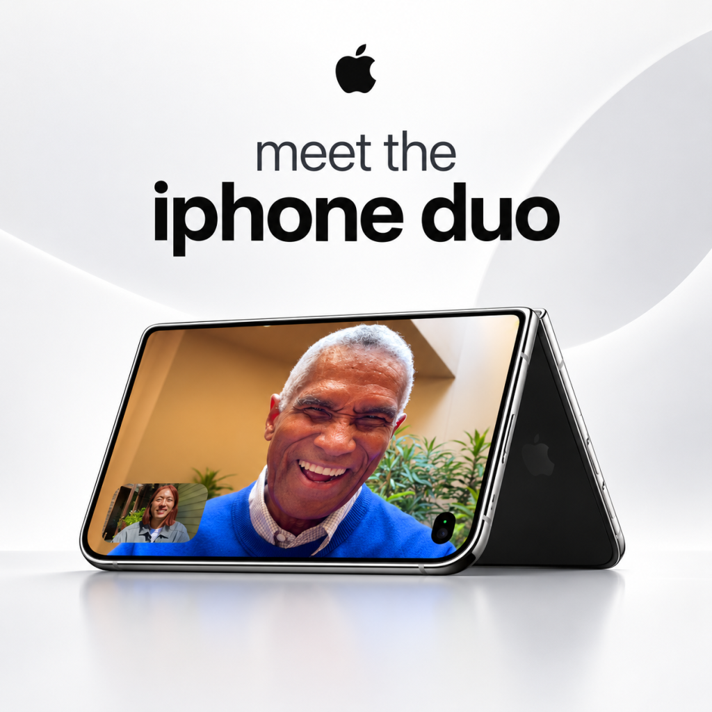 Apple iPhone Duo foldable smartphone showing its dual-display design and titanium frame.