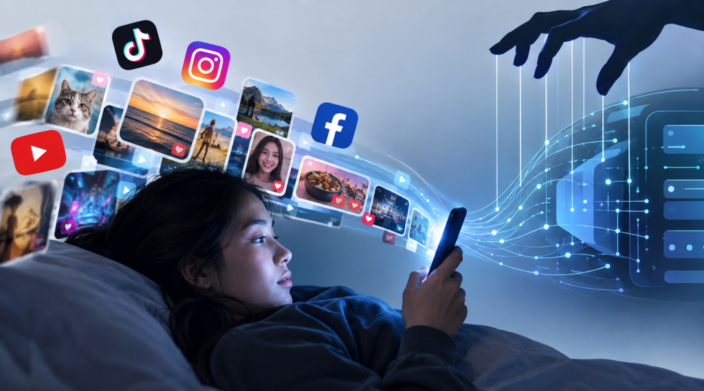 Social media feed connected to digital algorithm and data networks