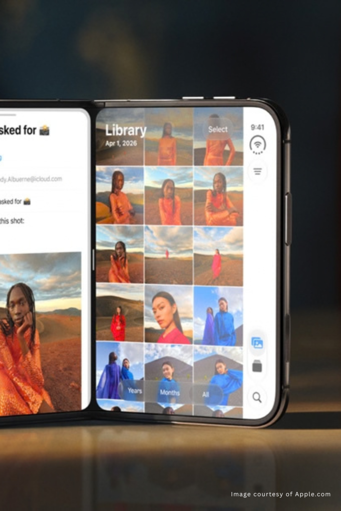 Vertical infographic poster detailing the Apple iPhone Duo technical specifications and A20 Pro benchmarks.