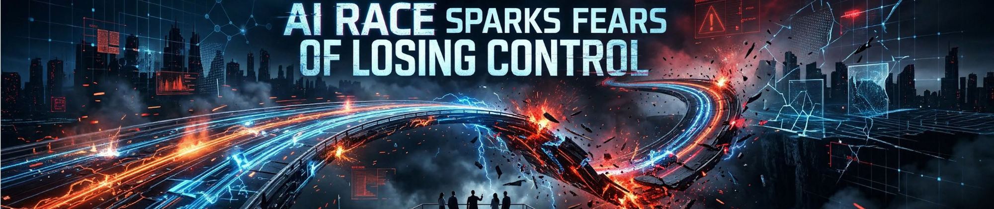 Wide corporate banner highlighting the race for AI safety regulations, featuring digital lock icons and the White House AI accord.