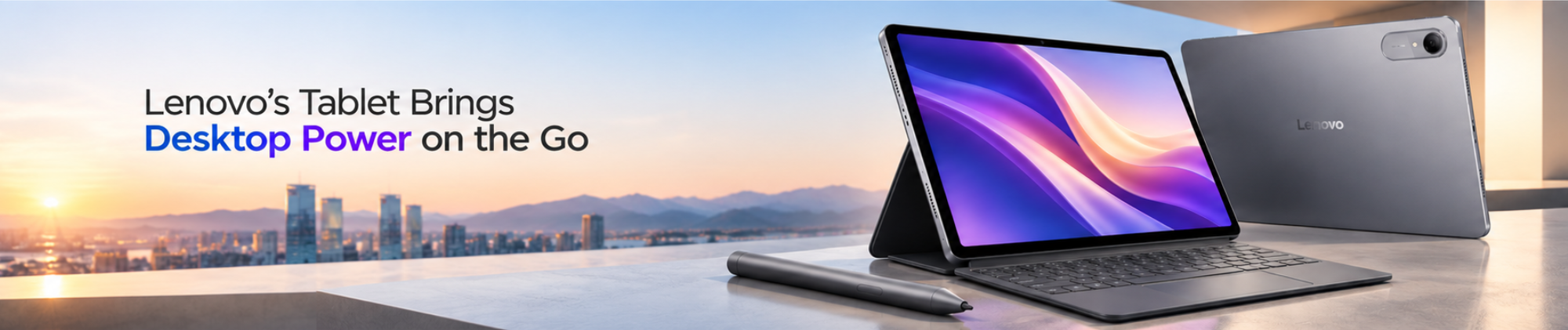 Lenovo Idea Tab Pro Gen 2 running in Desk Mode connected to an external monitor, mouse, and keyboard in a workspace.