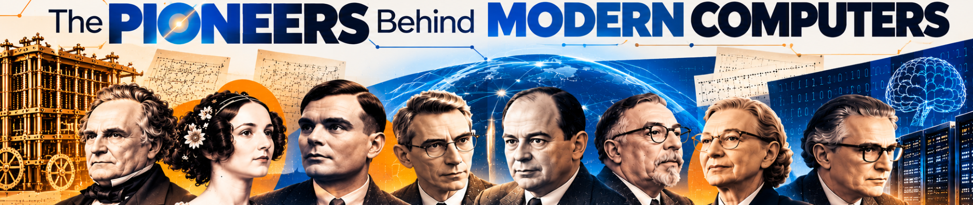 Panoramic wide banner showcasing historical pioneers and thinkers of the digital age.