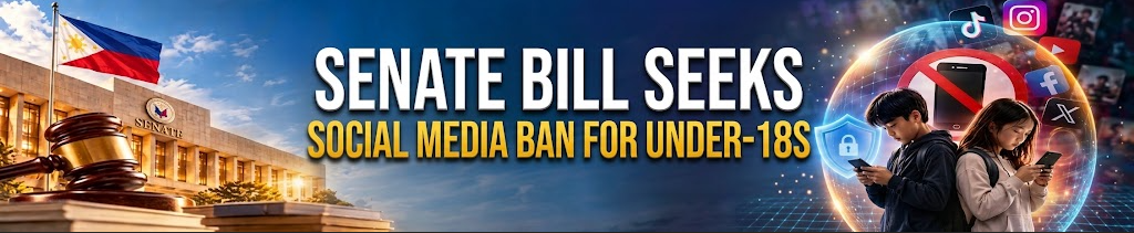 Advance Solutions banner highlighting the Philippine Senate's approval of the bill restricting social media use for minors under 18.