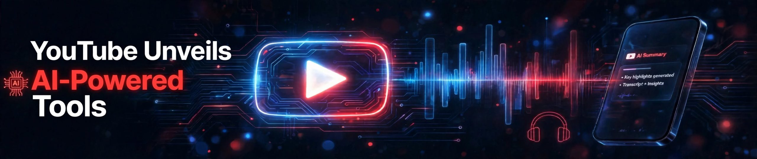 Wide corporate banner showcasing YouTube's platform enhancements and AI tools for creators and viewers.