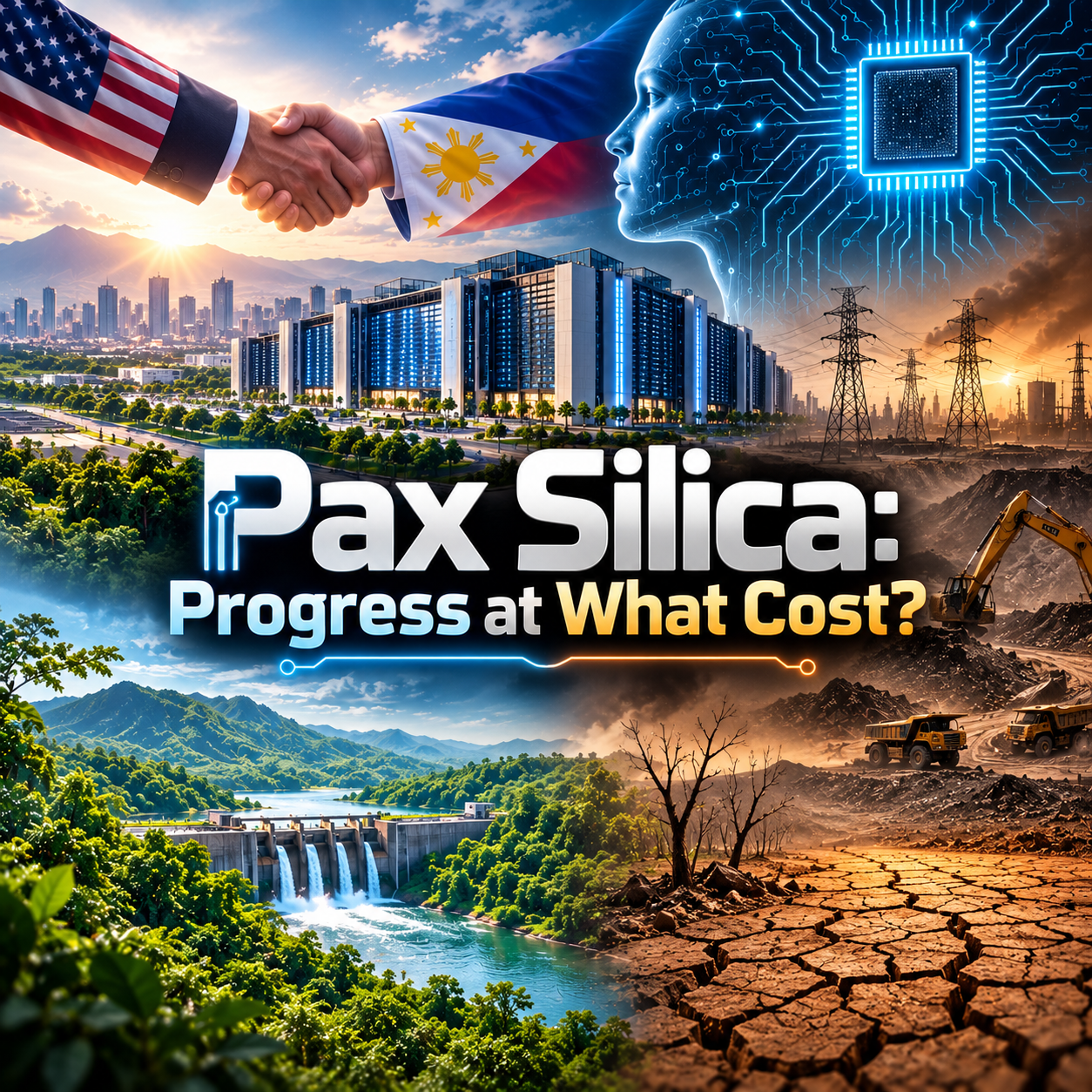 Graphic showing an AI supply chain hub in New Clark City, representing the Pax Silica initiative and its environmental impact in the Philippines.