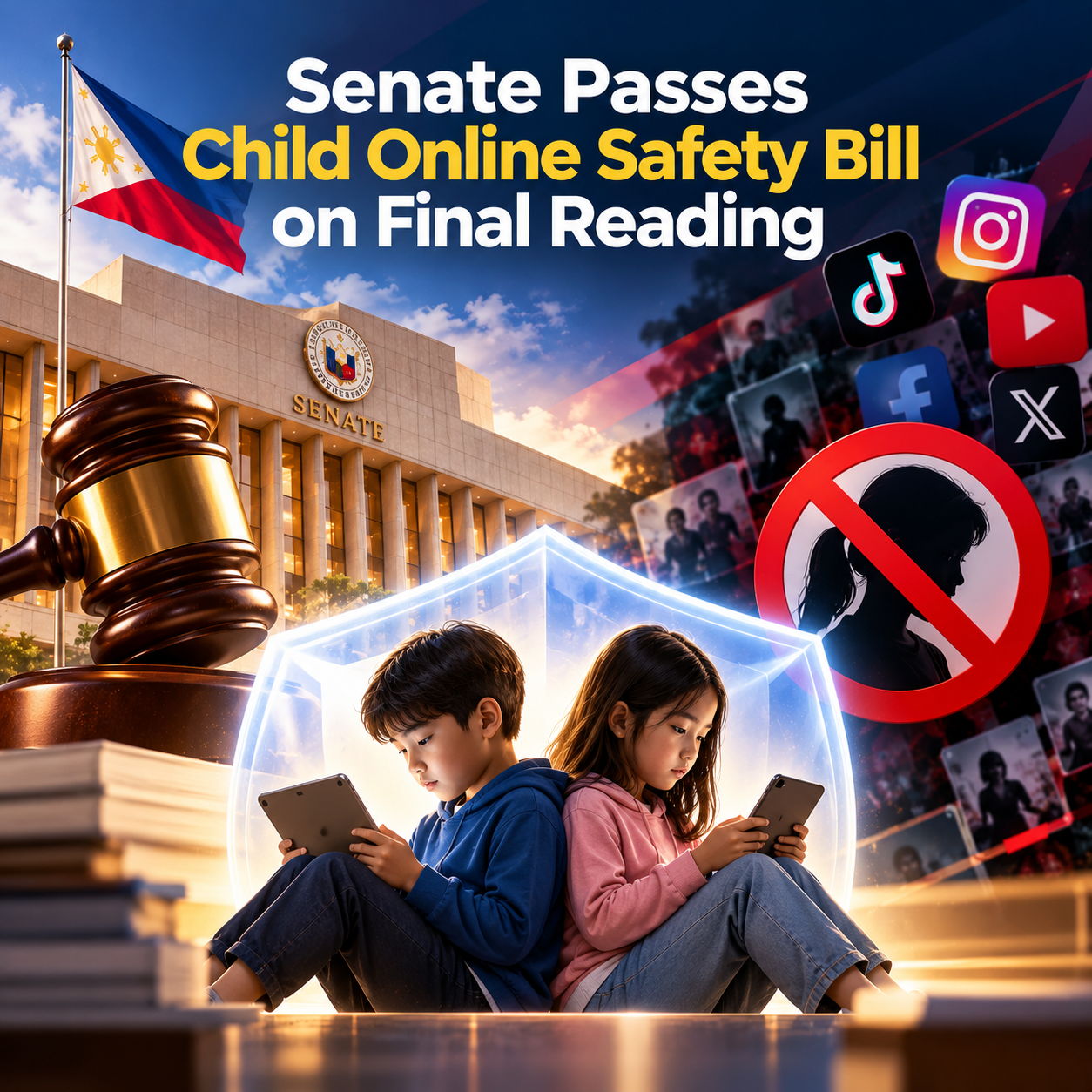 A digital illustration of the Philippine Senate seal alongside restricted social media icons, symbolizing the approved social media ban for minors.