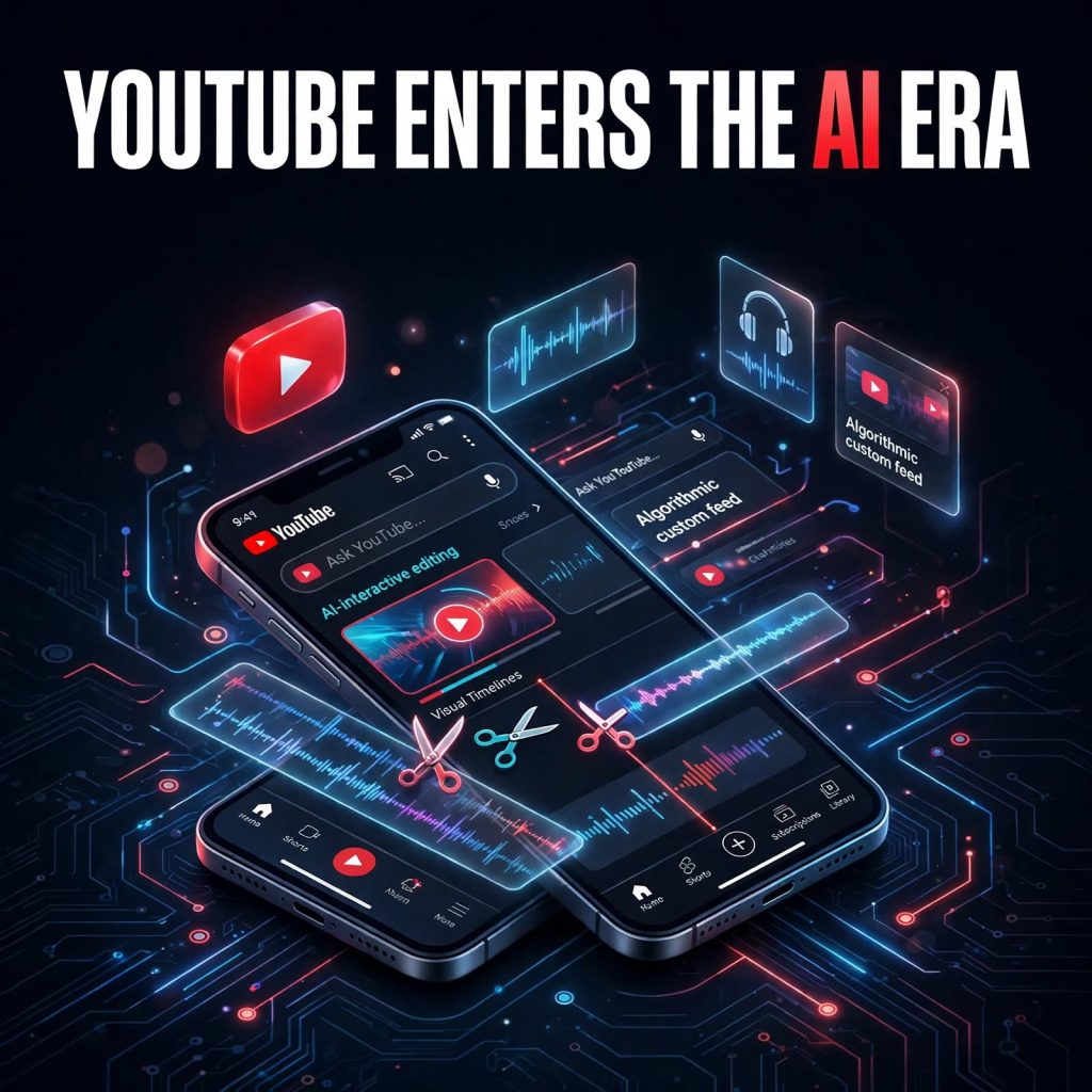Graphic displaying YouTube's new AI editing features, custom homepage feeds, and creator tools.