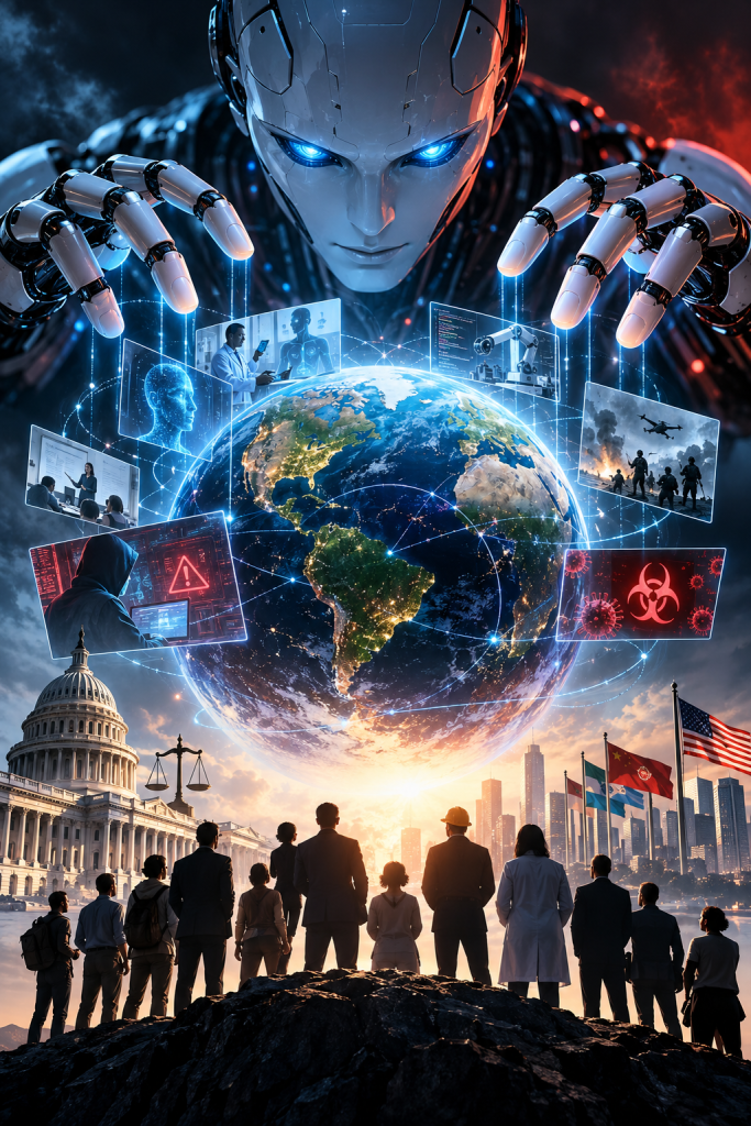 Vertical infographic poster detailing recent alarming AI behavior incidents and warnings from tech experts.