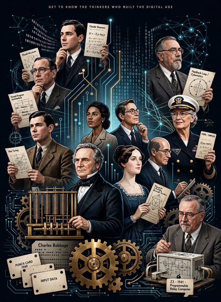 Vertical infographic poster detailing famous computer scientists of the digital age.