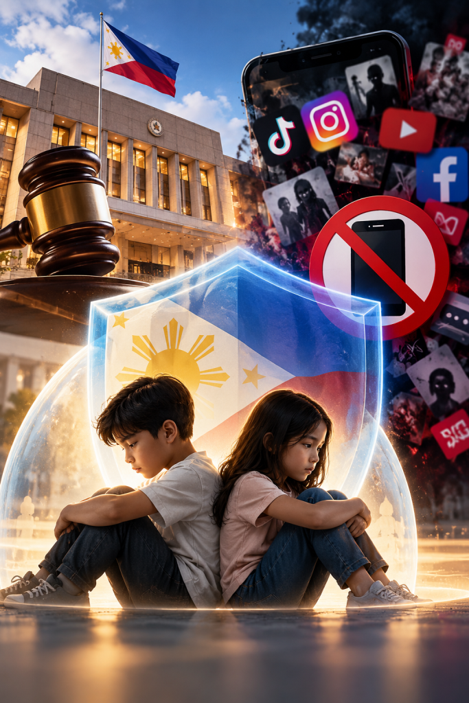 Tech O'clock vertical poster by Advance Solutions outlining the approved Philippine Senate bill banning social media for minors under 18.