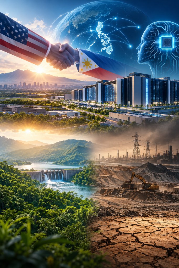 Tech O'clock[cite: 4] vertical poster by Advance Solutions detailing the Pax Silica initiative, key economic sectors, and environmental concerns in the Philippines.