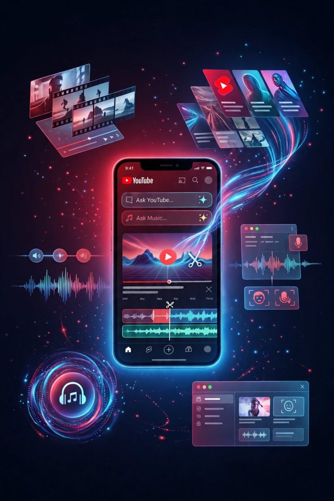 Vertical infographic poster detailing YouTube's AI editing tools, custom feeds, and YouTube Music discovery features.