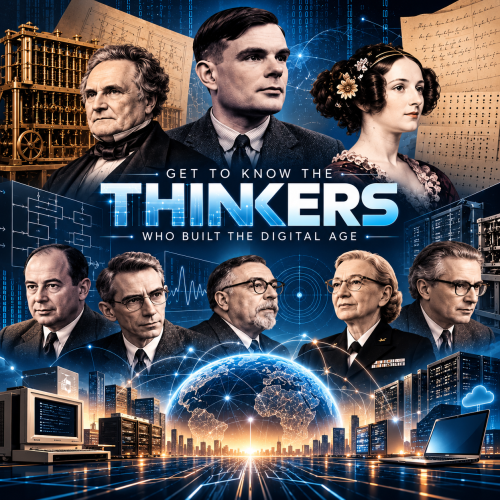 Historic portrait illustration of foundational computer scientists who built the digital age.
