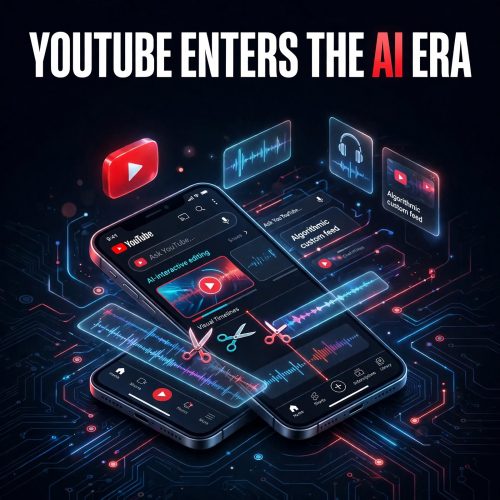 Graphic displaying YouTube's new AI editing features, custom homepage feeds, and creator tools.